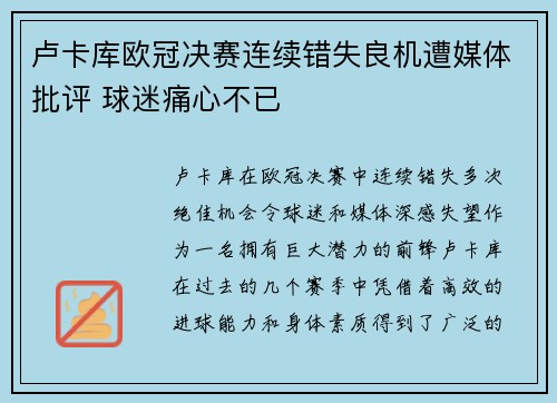 卢卡库欧冠决赛连续错失良机遭媒体批评 球迷痛心不已