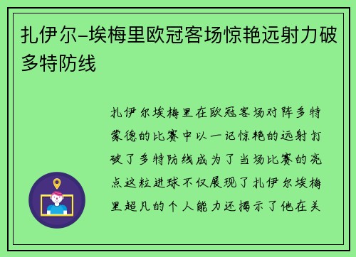 扎伊尔-埃梅里欧冠客场惊艳远射力破多特防线